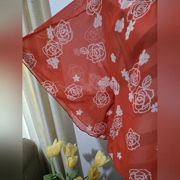 January 7 Sheer Boho Top Orange Beige & White Florals Batwing Sleeves Size Large - Picture 3 of 6